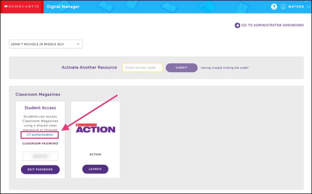click LTI authentication from your Scholastic dashboard to access your LTI credentials